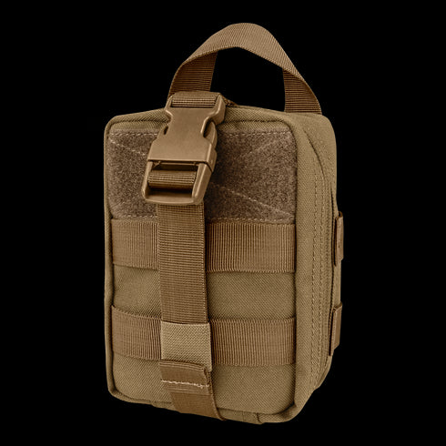 The Condor Rip-Away EMT Pouch Lite is a compact, tan pouch with a top handle, front buckle closure, and horizontal MOLLE webbing—ideal for EDC or law enforcement use at the shooting range.